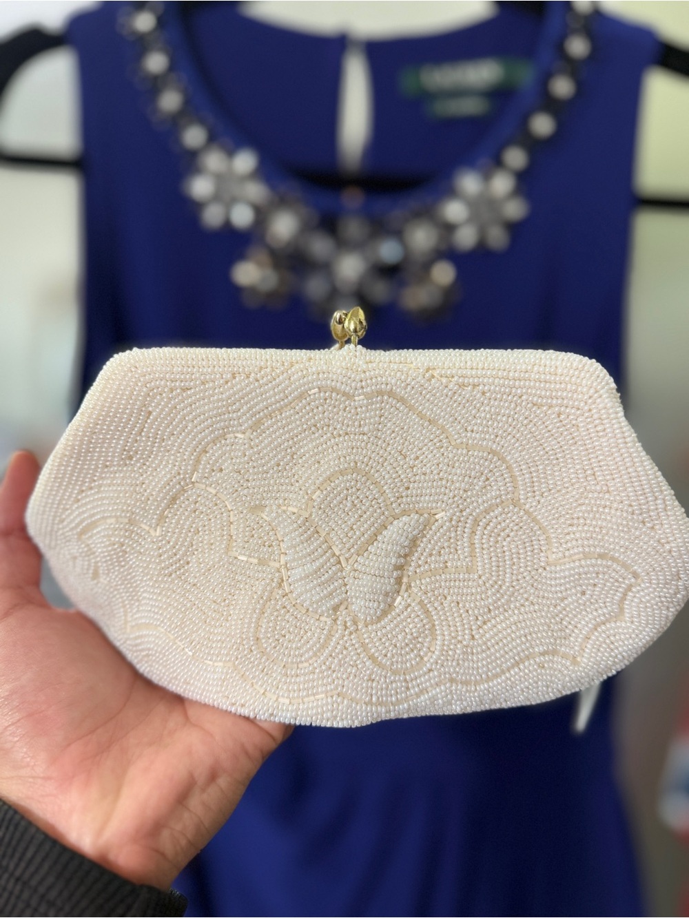 Ivory Beaded Kiss-Lock Clutch